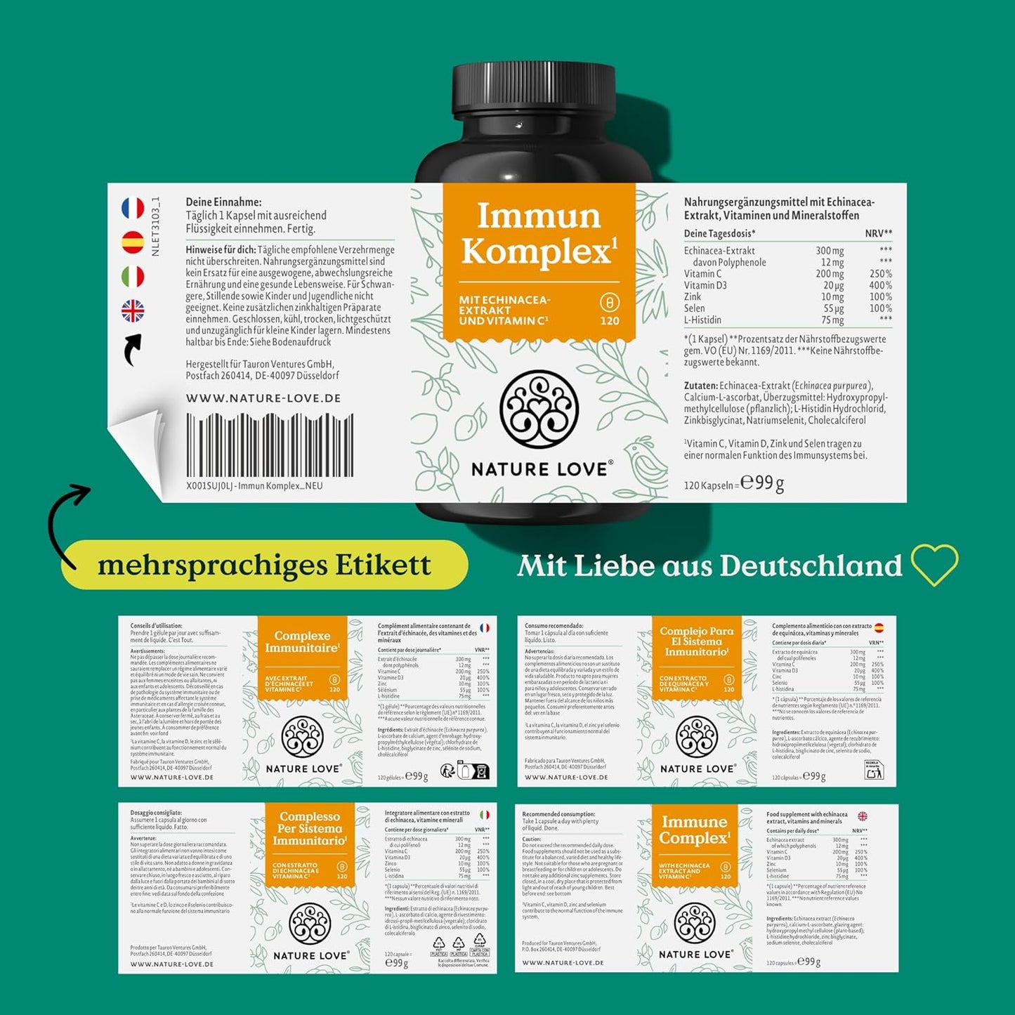 NATURE LOVE® Immun Komplex - 120 Kapseln - 4 Monate Reichweite - mit Echinacea-Extrakt, Vitamin C & D, Zink, Selen und Histidin - Immunsystem unterstützen* - hochdosiert, laborgeprüft aus Deutschland