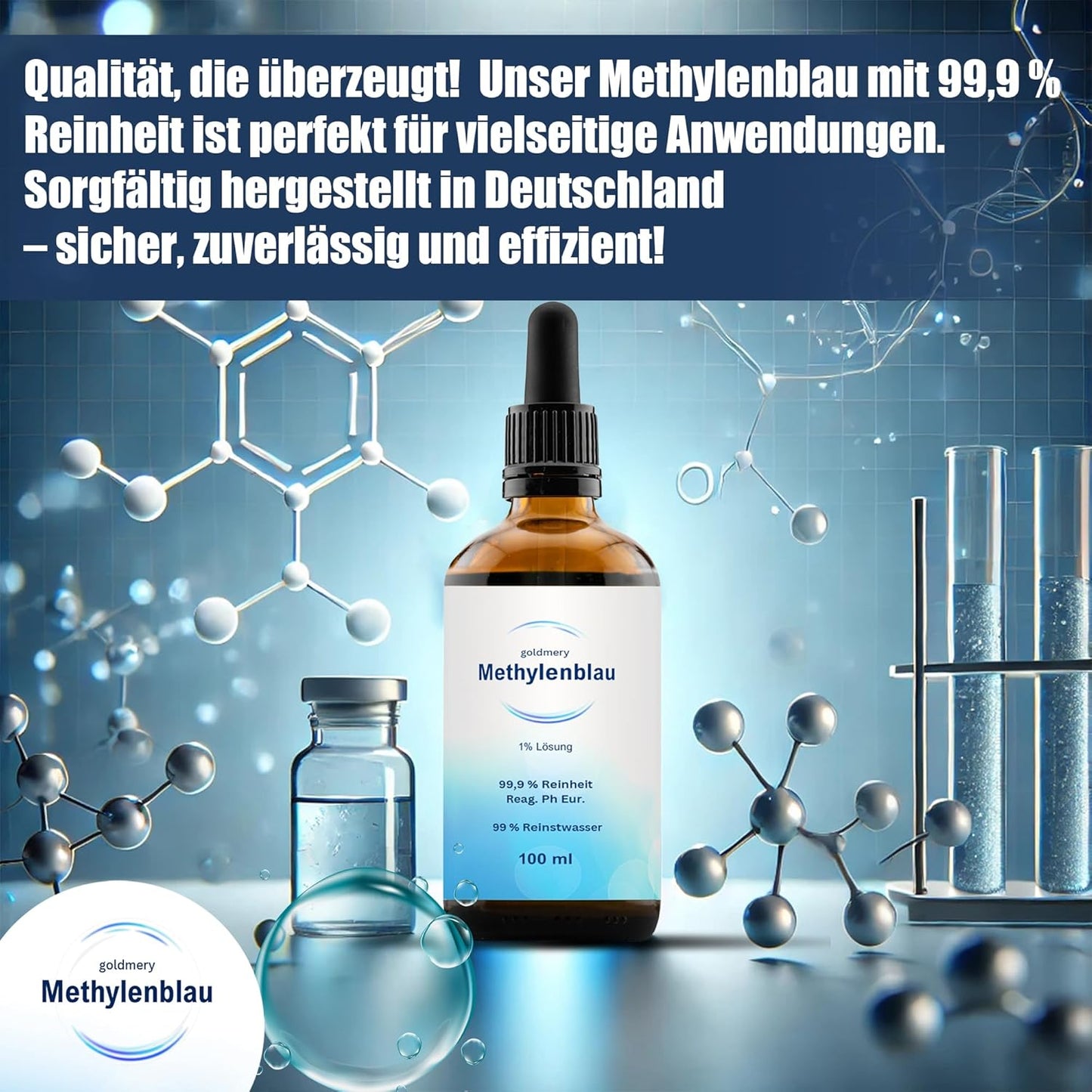 Methylenblau Tropfen 100ml Pharmaqualität mit Pipette– 99,9% Reinheit – Laborgeprüft & in Deutschland hergestellt – Methylenblau 1% Lösung –,