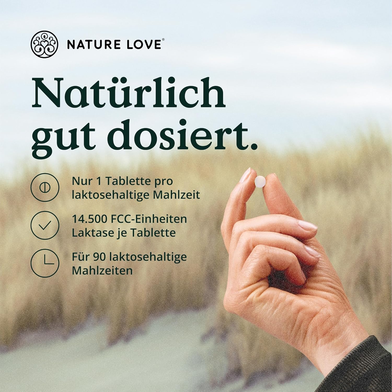 NATURE LOVE® Laktasetabletten – 90 Tabletten – Hochdosiert mit 14500 FCC – mit Akazienfaser ohne synthetische Zusätze, vegan – laborgeprüfte Lactase Tabletten, in Deutschland produziert