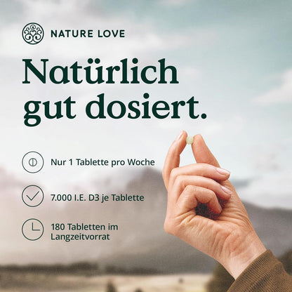 Vitamin D3 K2 Wochendepot - 180 vegane Tabletten - 7000IE D3 + 140µg K2 pro Tablette mit >99,7% all-trans - Hochdosiert & vegan - Laborgeprüft, in Deutschland produziert