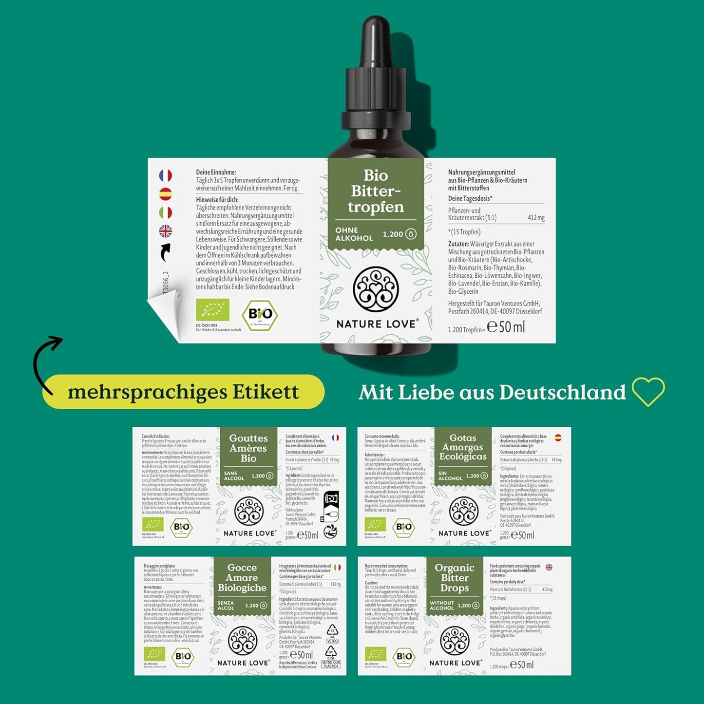 NATURE LOVE® Bio Bittertropfen ohne Alkohol nach Hildegard von Bingen (50ml) - hochdosierte Bitterstoffe Tropfen als 5:1 Extrakt aus erlesenen Kräutern und Pflanzen - vegan, laborgeprüft