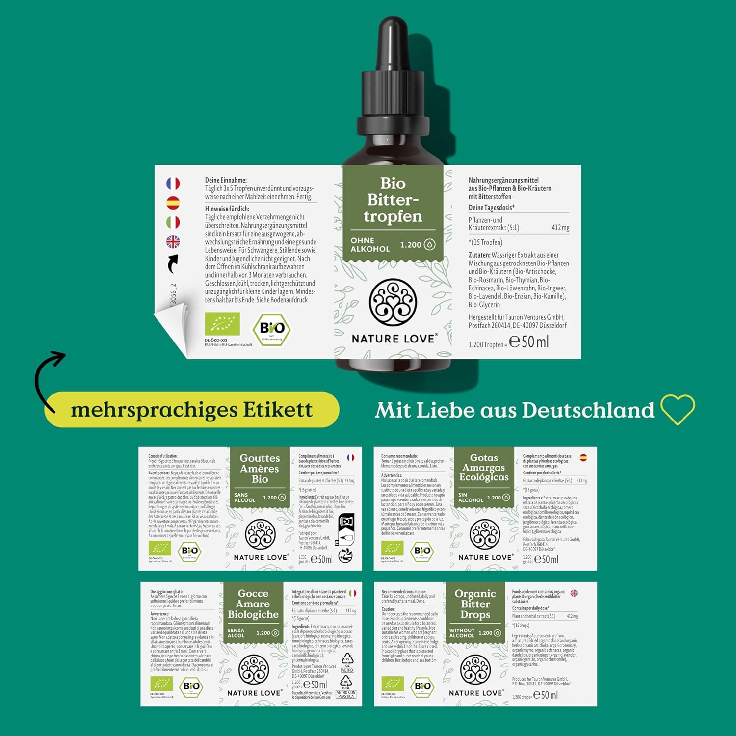 NATURE LOVE® Bio Bittertropfen ohne Alkohol nach Hildegard von Bingen (50ml) - hochdosierte Bitterstoffe Tropfen als 5:1 Extrakt aus erlesenen Kräutern und Pflanzen - vegan, laborgeprüft