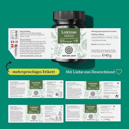 NATURE LOVE® Laktasetabletten – 90 Tabletten – Hochdosiert mit 14500 FCC – mit Akazienfaser ohne synthetische Zusätze, vegan – laborgeprüfte Lactase Tabletten, in Deutschland produziert