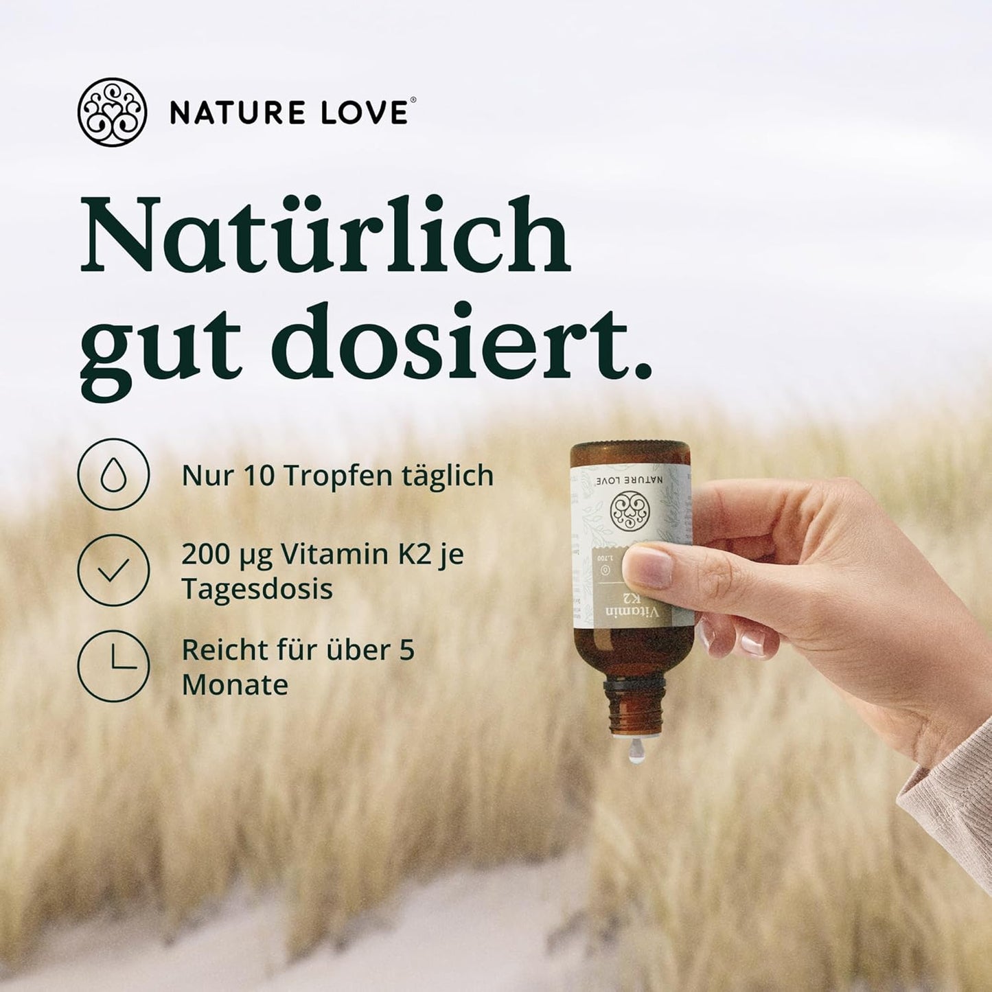 NATURE LOVE® Vitamin K2 MK7-200µg - 1700 Tropfen (50ml) - Höchster all-trans-Gehalt 99,7+% - Hochwertig: K2VITAL® von Kappa - gelöst in MCT Kokos-Öl - Hochdosiert, vegan & in Deutschland produziert
