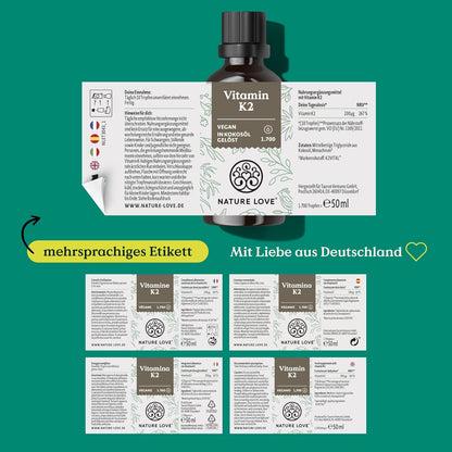 NATURE LOVE® Vitamin K2 MK7-200µg - 1700 Tropfen (50ml) - Höchster all-trans-Gehalt 99,7+% - Hochwertig: K2VITAL® von Kappa - gelöst in MCT Kokos-Öl - Hochdosiert, vegan & in Deutschland produziert