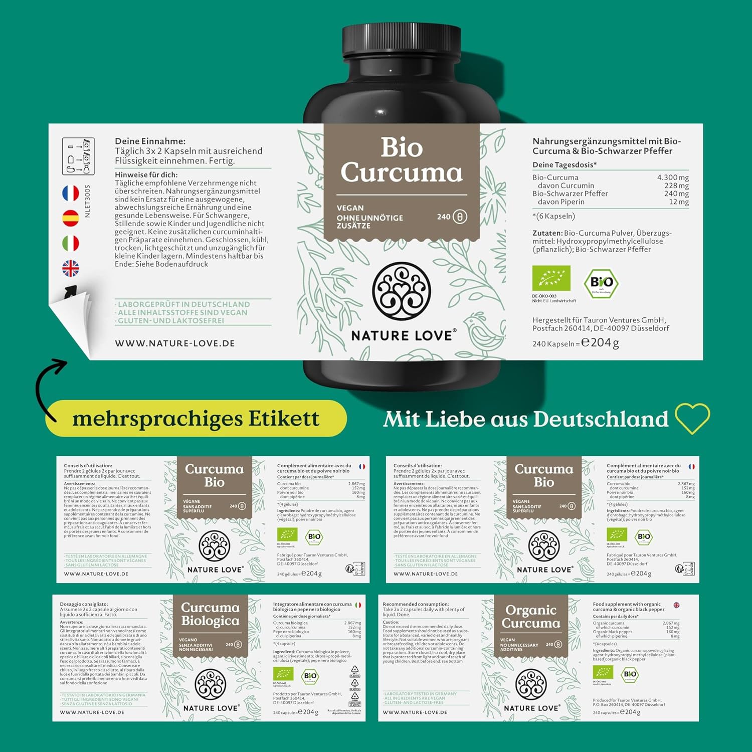 NATURE LOVE Bio Curcuma - 240 Kapseln - mit Curcumin aus Kurkuma und Piperin aus schwarzem Pfeffer - hochdosiert, vegan, laborgeprüft und in Deutschland hergestellt