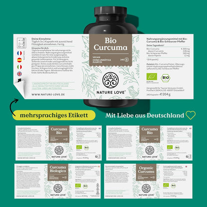 NATURE LOVE Bio Curcuma - 240 Kapseln - mit Curcumin aus Kurkuma und Piperin aus schwarzem Pfeffer - hochdosiert, vegan, laborgeprüft und in Deutschland hergestellt