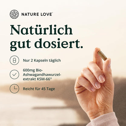 NATURE LOVE® Ashwagandha Komplex – 600mg Ashwagandha pro Tagesdosis – 90 Kapseln – mit KSM-66, Magnesium, Folsäure und Vitamin C und B6 – hochdosiert & vegan – in Deutschland produziert