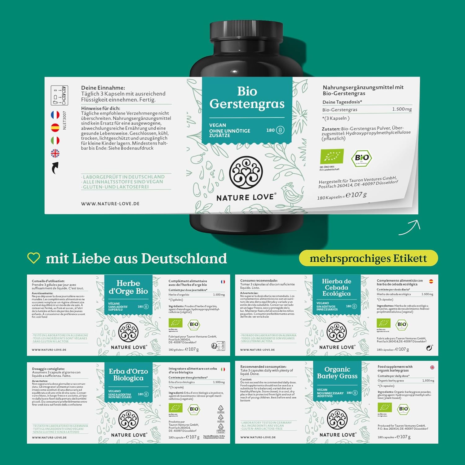 NATURE LOVE® Bio Gerstengras - 1500 mg je Tagesdosis - aus deutschem Anbau - 180 Kapseln - Hochdosiert, laborgeprüft, zertifiziert Bio, in Deutschland produziert