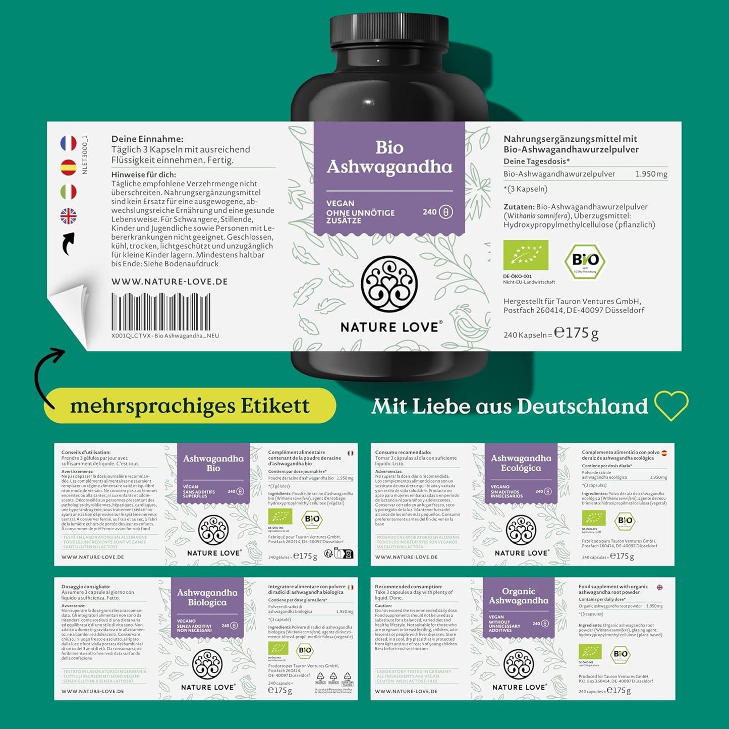 NATURE LOVE® Bio Ashwagandha - 240 Kapseln - Hochdosiert mit 1950mg je Tagesdosis - Hochwertiges indisches Ashwagandha - Laborgeprüft, vegan, in Deutschland produziert