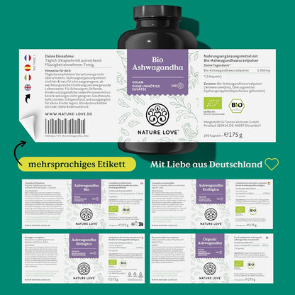 NATURE LOVE® Bio Ashwagandha - 240 Kapseln - Hochdosiert mit 1950mg je Tagesdosis - Hochwertiges indisches Ashwagandha - Laborgeprüft, vegan, in Deutschland produziert