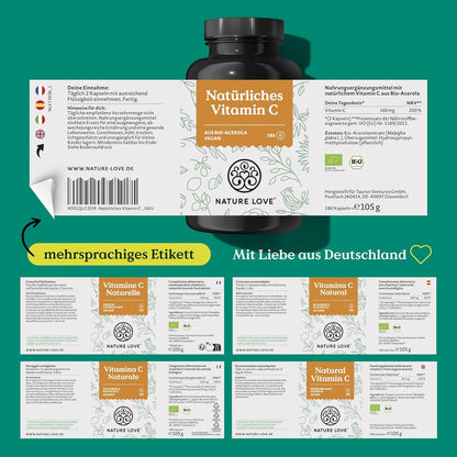 NATURE LOVE® Natürliches Vitamin C aus Bio Acerola Extrakt - Hochdosiert - Beste Bioverfügbarkeit - 180 Kapseln - Immunsystem - oxidativer Stress - laborgeprüft, vegan und in Deutschland produziert