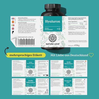 NATURE LOVE® Hyaluron Kapseln mit Zink - Hochdosiert mit 500mg - für Haut, Haare & Nägel - 90 Hyaluronsäure Kapseln - Vegan, Laborgeprüft, ohne unerwünschte Zusätze & in Deutschland produziert