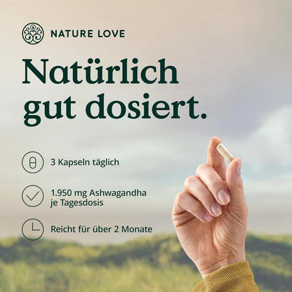 NATURE LOVE® Bio Ashwagandha - 240 Kapseln - Hochdosiert mit 1950mg je Tagesdosis - Hochwertiges indisches Ashwagandha - Laborgeprüft, vegan, in Deutschland produziert