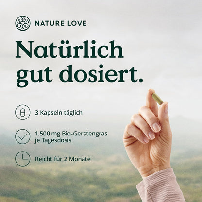 NATURE LOVE® Bio Gerstengras - 1500 mg je Tagesdosis - aus deutschem Anbau - 180 Kapseln - Hochdosiert, laborgeprüft, zertifiziert Bio, in Deutschland produziert