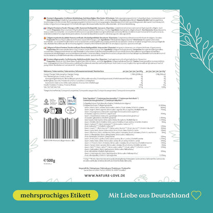 NATURE LOVE® Premium Collagen Pulver mit Hyaluronsäure und Elastin - 500g Kollagen - Peptide Type 1 und 3 - geschmacksneutral - Kollagen von Rindern aus Weidehaltung - laborgeprüft