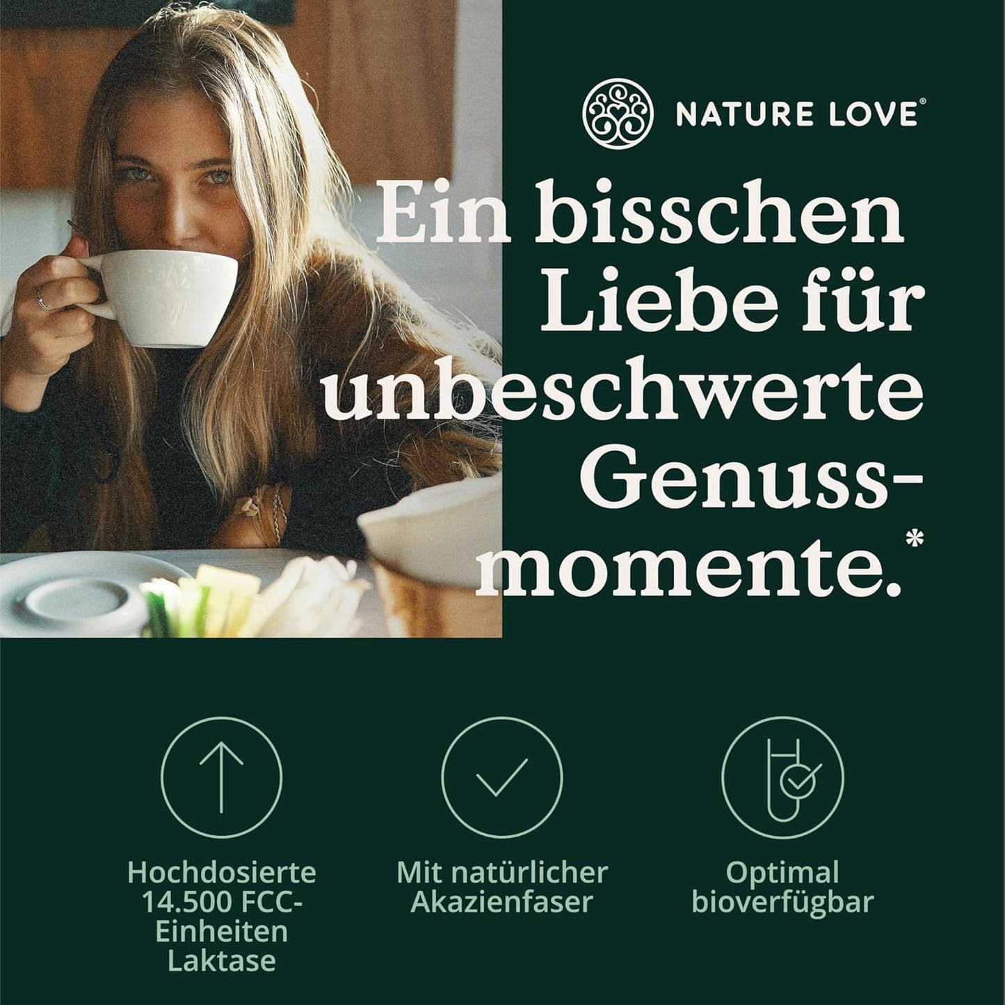 NATURE LOVE® Laktasetabletten – 90 Tabletten – Hochdosiert mit 14500 FCC – mit Akazienfaser ohne synthetische Zusätze, vegan – laborgeprüfte Lactase Tabletten, in Deutschland produziert