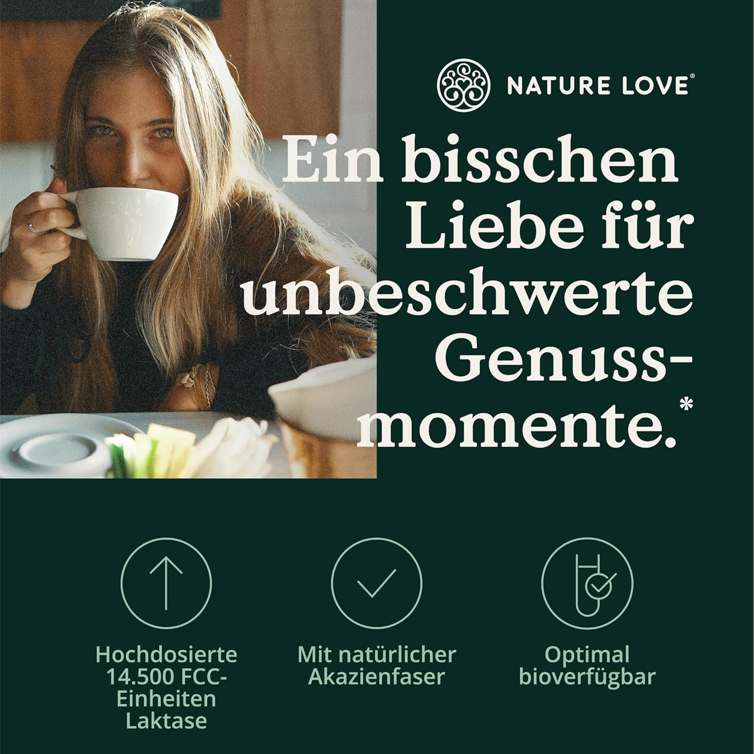 NATURE LOVE® Laktasetabletten – 90 Tabletten – Hochdosiert mit 14500 FCC – mit Akazienfaser ohne synthetische Zusätze, vegan – laborgeprüfte Lactase Tabletten, in Deutschland produziert
