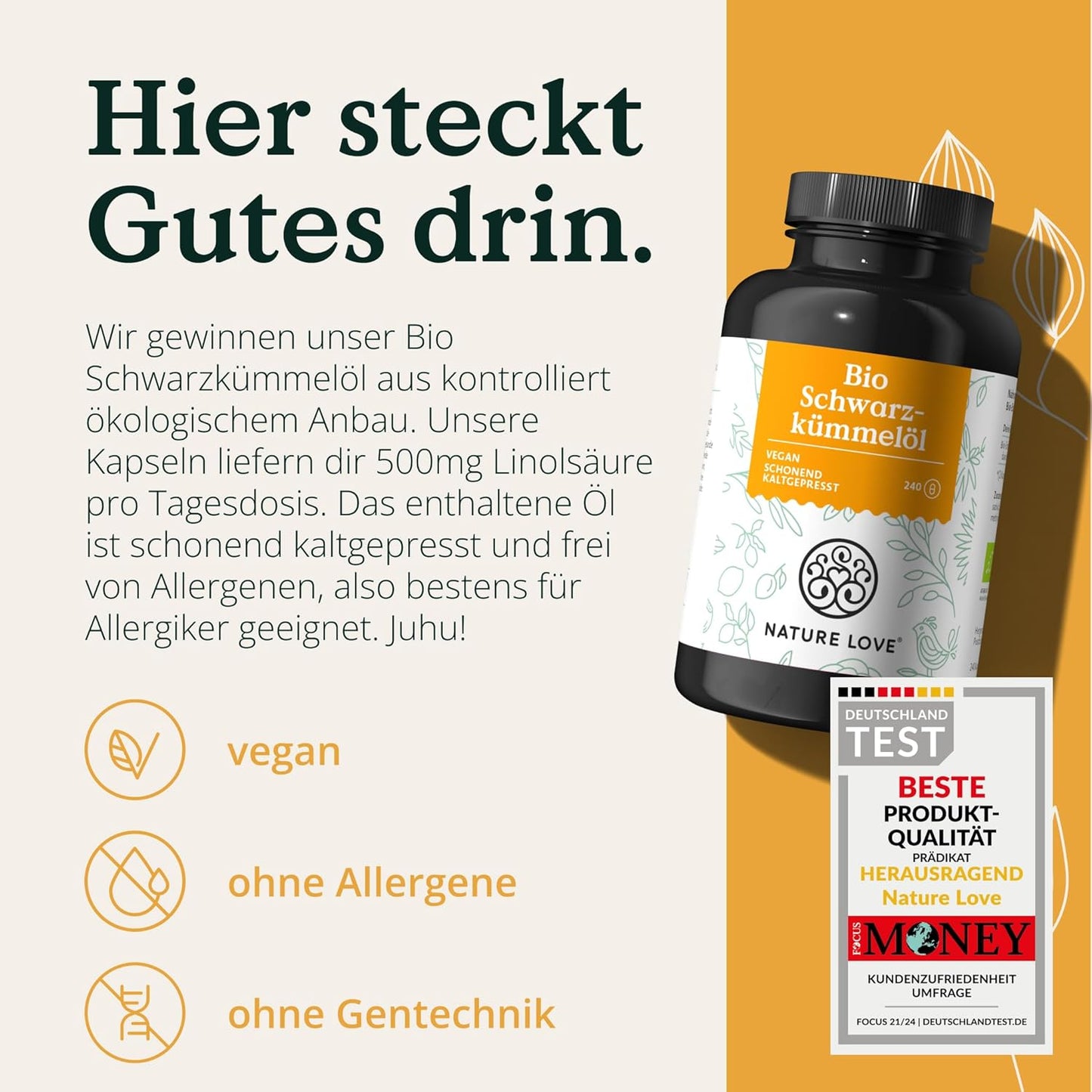 NATURE LOVE® Bio Schwarzkümmelöl - 240 allergenfreie, vegane Kapseln - hochdosiert: 1000mg pro Tagesdosis - davon 50% Linolsäure - kaltgepresst, aus Ägypten