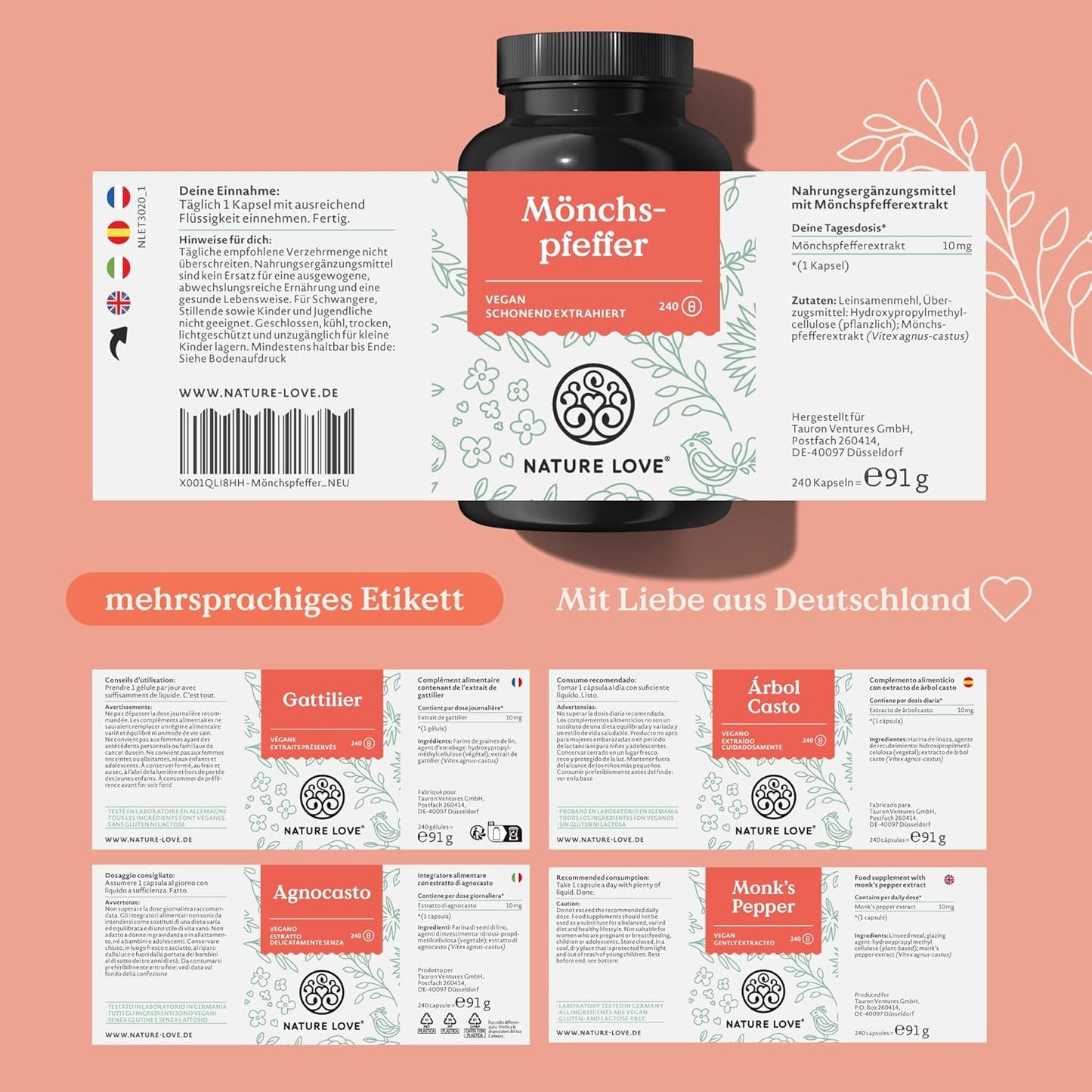 NATURE LOVE® Mönchspfeffer Kapseln - 240 Stück - 4:1 Extrakt aus Original Vitex Agnus Castus - Hochdosiert mit 10mg je Kapsel, Ohne unnötige Zusätze, vegan, laborgeprüft, in Deutschland produziert