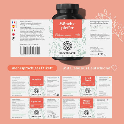 NATURE LOVE® Mönchspfeffer Kapseln - 240 Stück - 4:1 Extrakt aus Original Vitex Agnus Castus - Hochdosiert mit 10mg je Kapsel, Ohne unnötige Zusätze, vegan, laborgeprüft, in Deutschland produziert