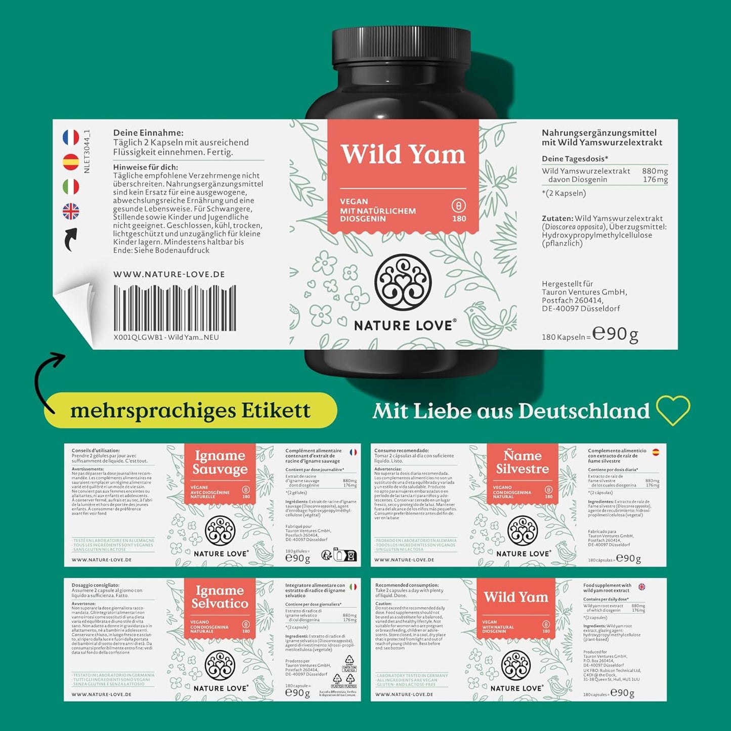 NATURE LOVE® Wild Yam Kapseln - 180 Wechseljahre Kapseln vegan - Hochdosiert mit 880mg Extrakt (davon 176mg Diosgenin) - laborgeprüft, ohne unerwünschte Zusätze und in Deutschland produziert