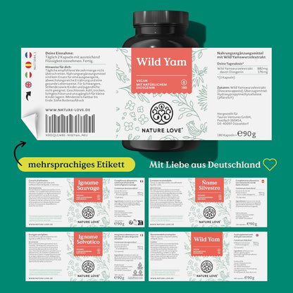 NATURE LOVE® Wild Yam Kapseln - 180 Wechseljahre Kapseln vegan - Hochdosiert mit 880mg Extrakt (davon 176mg Diosgenin) - laborgeprüft, ohne unerwünschte Zusätze und in Deutschland produziert