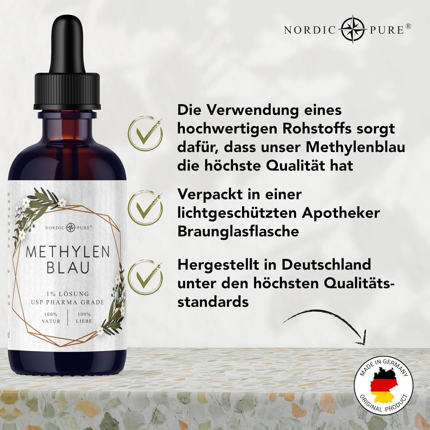 Methylenblau 100ml hochdosierte Tropfen von Nordic Pure | Lösung mit 99,9% Reinheit | Hochdosiert Methylene Blue | Methylene Blau 1% Lösung | Laborgeprüft & in Deutschland hergestellt