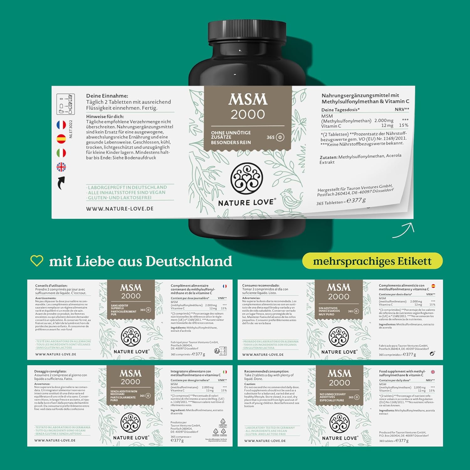 NATURE LOVE® MSM 2000mg mit Vitamin C - 365 laborgeprüfte Tabletten - Kompakteres MSM Pulver als bei Kapseln - Ohne Zusätze, hochdosiert, vegan, in Deutschland produziert