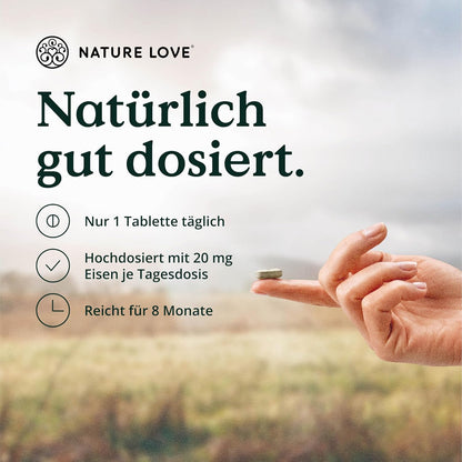 NATURE LOVE® Eisentabletten mit Vitamin C - 240 Stück - 20mg Eisen und 40mg Vitamin C pro Tablette - Hoch bioverfügbares Eisen-bisglycinat (Eisen-Chelat) - vegan, in Deutschland produziert