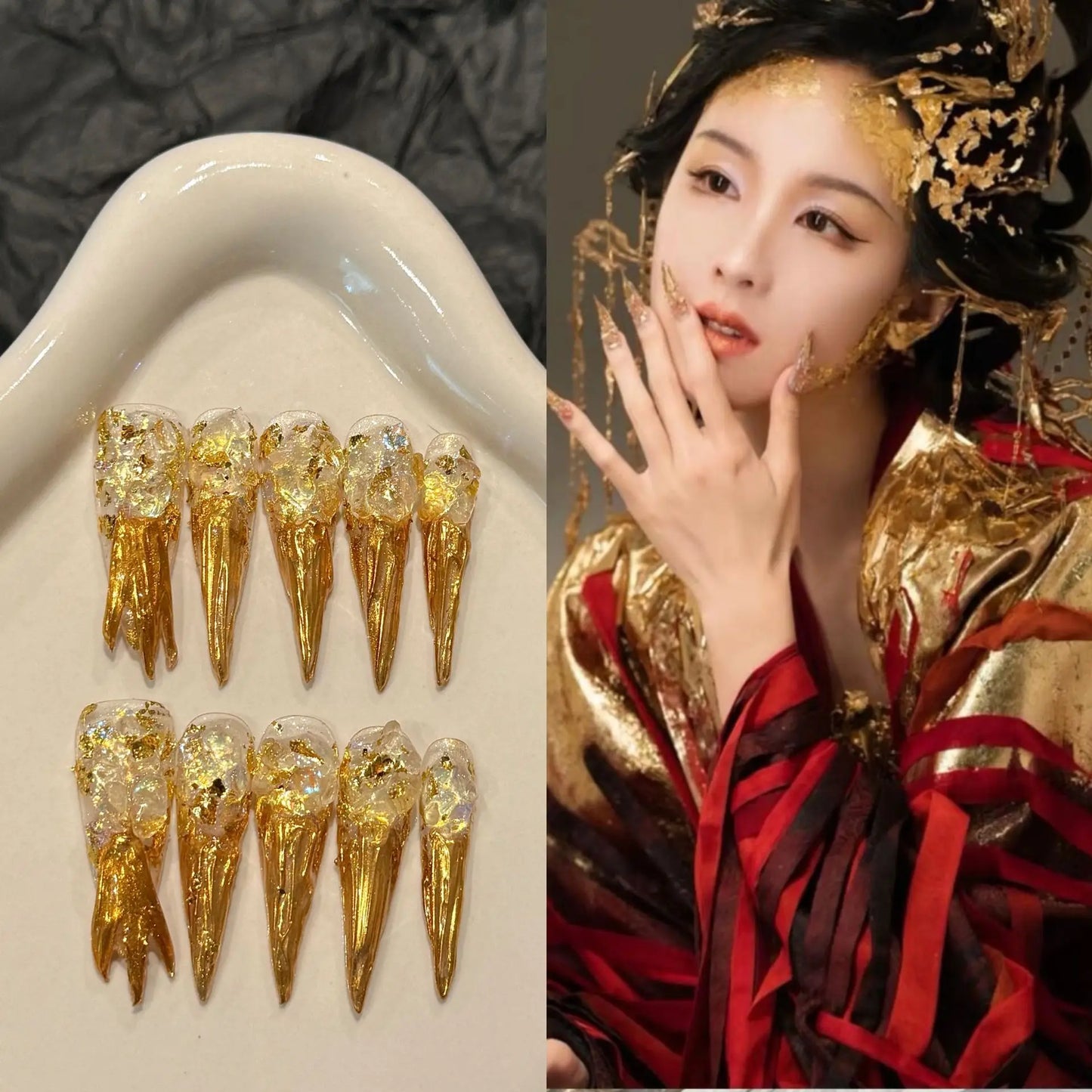 Press-On Nails Stiletto – Goldener Luxus