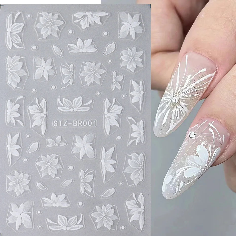 3D Nail Sticker – Weiße Blumen
